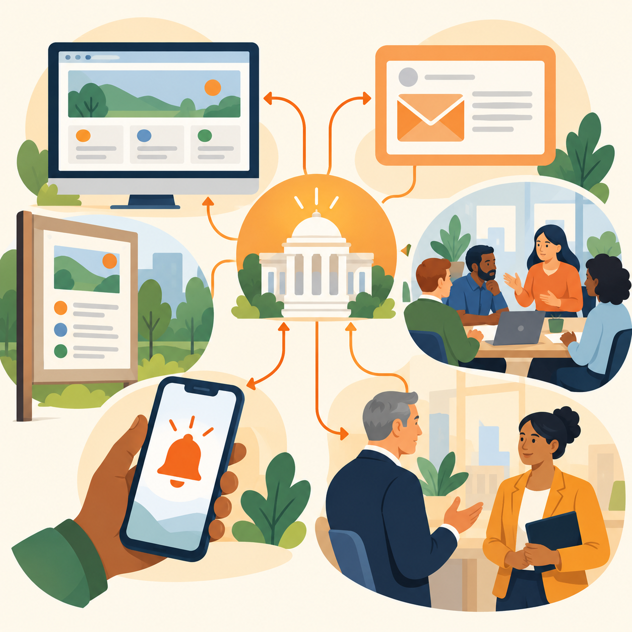 Government communication strategy sharing one source of information through websites, email, public signage, mobile alerts, and stakeholder meetings