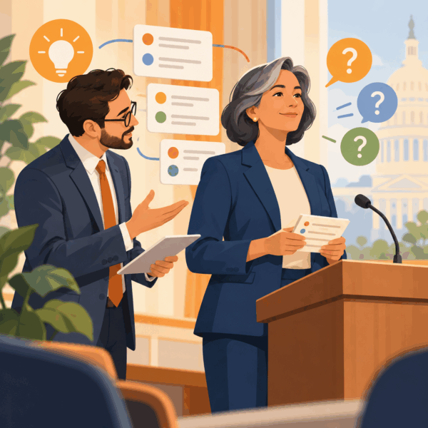 Government leader preparing a public presentation with speechwriting, talking points, and answers to audience questions