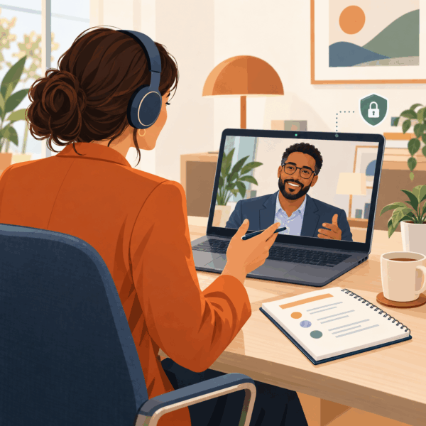 Consultant conducting a private virtual stakeholder interview by video call