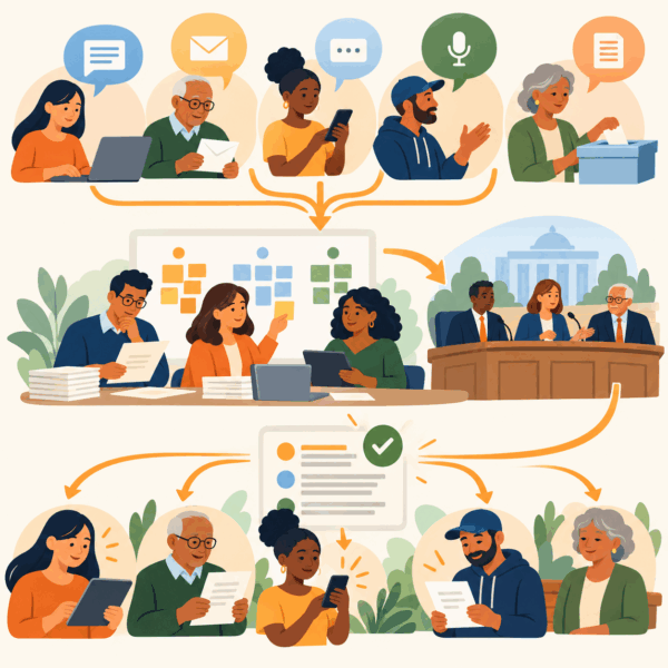 Public comment process connecting online, written, spoken, and in-person feedback to agency review and follow-up