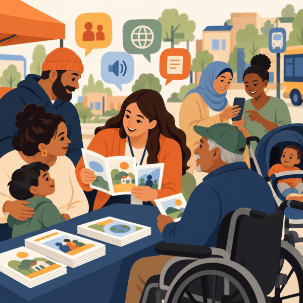 Inclusive community outreach using printed materials, mobile information, and in-person conversations to reach neighborhood residents