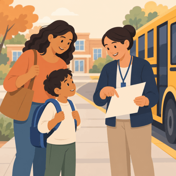 Parents reviewing school calendars, supply lists, and back-to-school instructions