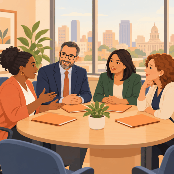 School staff discussing student attendance concerns with a family in a supportive setting