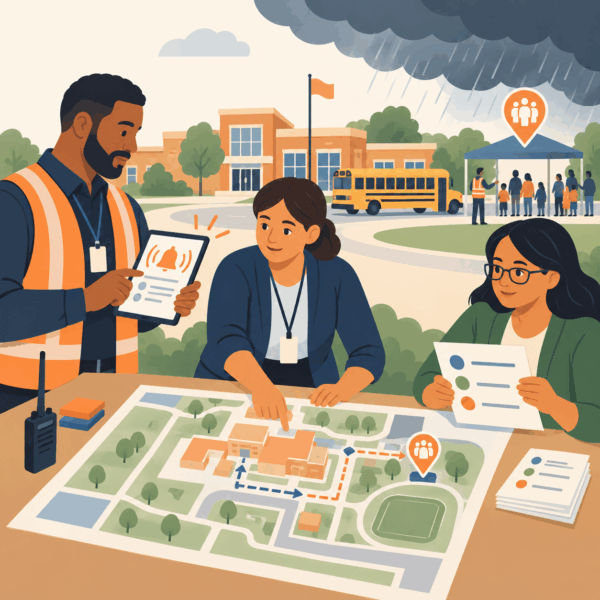 School personnel coordinate emergency alerts, transportation, multilingual updates, and family reunification during severe weather.