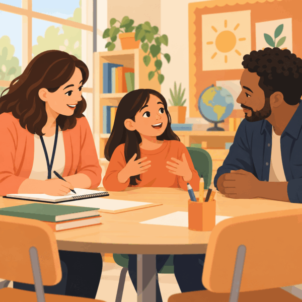 Educator discussing student support services and learning resources with a charter school family