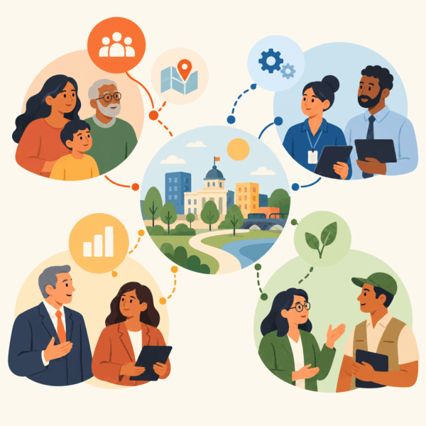 Stakeholder audience mapping for government communication strategy, connecting residents, public service staff, leaders, and community groups