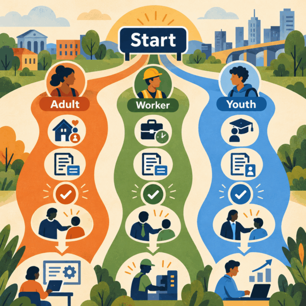 Jobseeker pathway connecting outreach, intake, skills training, transportation, childcare, credentials, interviews, and employment.
