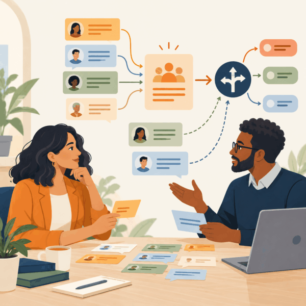 Consultants reviewing interview feedback to identify themes and responsible recommendations