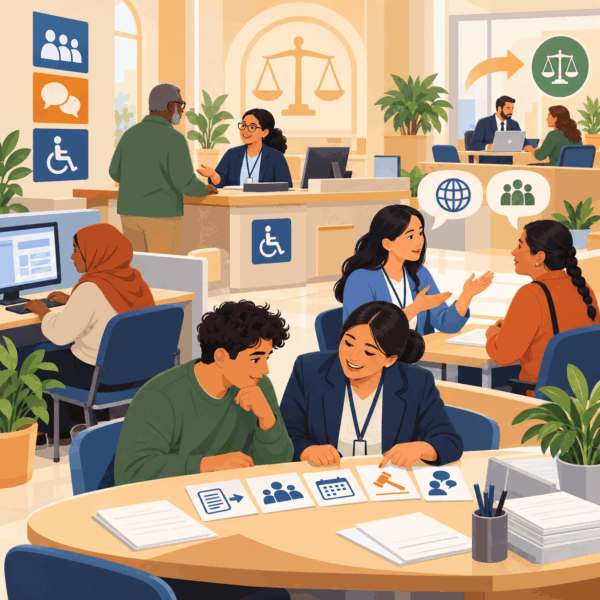 Diverse court users receive procedural guidance, interpretation, digital assistance, and legal-aid referrals in an accessible self-help center.