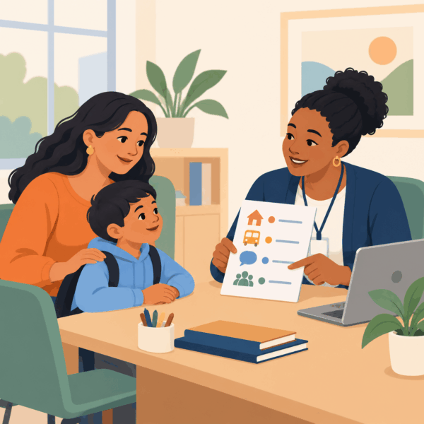 School registrar explains enrollment, transportation, language assistance, and support options to a caregiver and child.