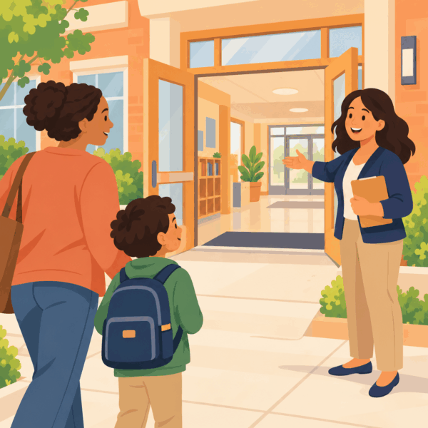 Families from diverse backgrounds participating in a school community meeting